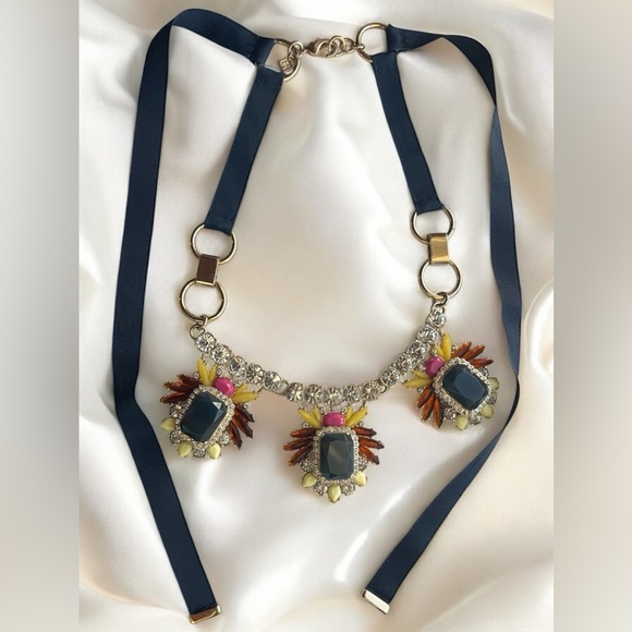 Signed Banana Republic Multi Color Rhinestone Gold Tone and Ribbon Necklace - Picture 1 of 8